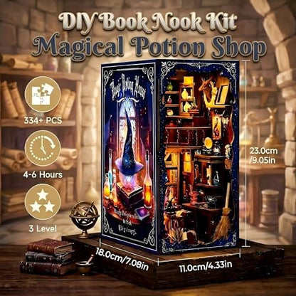 Book Nook Kit- DIY Miniature House Kit with LED Lights, 3D Wooden Puzzle Magic Potion Shop, Fantasy Wizard Alchemy Scene Bookshelf Insert Decor, Creative Handmade Gift - Image 2