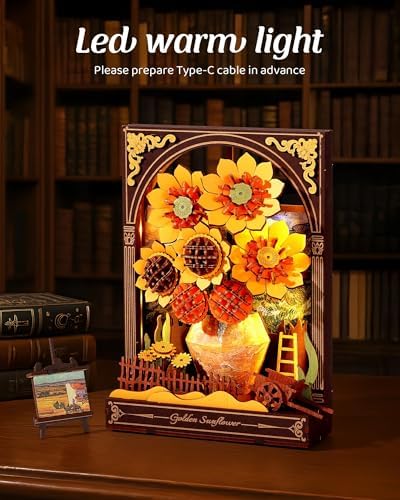 3D Wooden Puzzles for Adults - Van Gogh Golden Sunflower DIY Model Building Kits with LED Light - Gifts for Mothers Day - Home Decor, Wall Art & Unique Creative Gifts for Art Lovers/Men/Women - Image 5