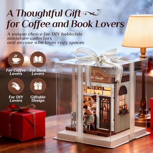 Book Nook Kit, DIY Miniature House Kit for Adults & Teens, Cozy Coffee Shop Scene Bookshelf Insert Decor with LED, 3D Wooden Puzzle Gift for Book Lovers (Coffee Shop) - Image 6
