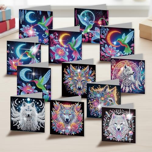 12 Pack 5D Diamond Painting Greeting Cards Kit with Envelopes, DIY Wolf Hummingbird Diamond Art Cards, Rhinestone Mosaic Christmas Birthday Thank You Holiday Cards for Adults - Image 5