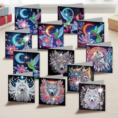 12 Pack 5D Diamond Painting Greeting Cards Kit with Envelopes, DIY Wolf Hummingbird Diamond Art Cards, Rhinestone Mosaic Christmas Birthday Thank You Holiday Cards for Adults - Image 5
