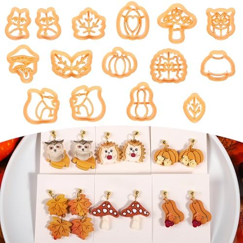 Puocaon Fall Polymer Clay Cutters - 15 Pcs Fall Themed Pumpkin Maple Leaf Mushroom Owl Fox for Earrings Jewelry Making Autumn Clay Earrings Cutters by PuocaonPolymerClayTools