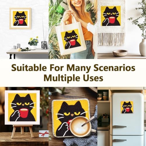 DOODLREAM Cat Drinking Coffee Needle Kit for Beginner, 9.4"x 9.4" Cute Black Cat Punch Stitching Craft Set, Color DIY Embroidery Starter with Printed Frame, Instruction, Threader, Yarn, Pinch Needle - Image 5