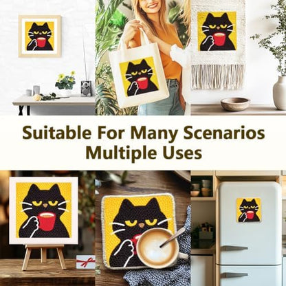 DOODLREAM Cat Drinking Coffee Needle Kit for Beginner, 9.4"x 9.4" Cute Black Cat Punch Stitching Craft Set, Color DIY Embroidery Starter with Printed Frame, Instruction, Threader, Yarn, Pinch Needle - Image 5