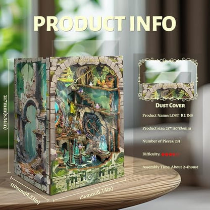 Magic Book Nook Kit with LED Light, 3D Wooden Puzzle, Dollhouse Miniature Booknook Kit Creative Bookend Bookshelf Decor for Adults- Lost Ruins (SQ-30) - Image 3
