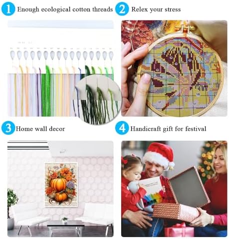 MjhRcll Fall Stamped Cross Stitch Kits,DIY Colorful Pumpkins Cross Stitch Ornament Kits for Adults Beginners, Counted Embroidery Needlepoint Kits Home Decor 12x16inch - Image 7