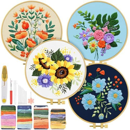 TINDTOP 4 Sets Embroidery Kit for Adults, Floral Embroidery Practice Kit for Beginners Include Embroidery Cloth Hoops Threads for Craft Lover Hand Stitch with Embroidery Skill Techniques by TINDTOP