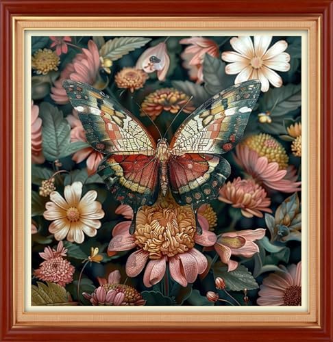 Joyhoor Cross Stitch Kits for Beginners Stamped Cross-Stitch Supplies Needlework preprint Embroidery Kits for Adults DIY Needlepoint Kit Embroidery Patterns 11CT-Colorful Butterfly Flowers 18×18 inch by JoyhoorCrossStitchKits