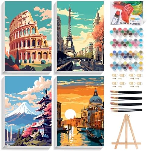 4 Pack Framed Paint by Numbers Kit for Adults with Wooden Easel, 8x12 Inch by Offito