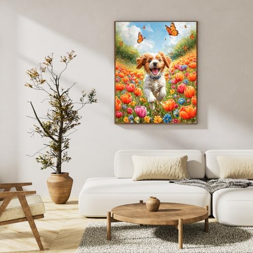 Paint by Numbers Kit for Adults, Happy Puppy & Tulip Design, 16x20 Inch - Image 3