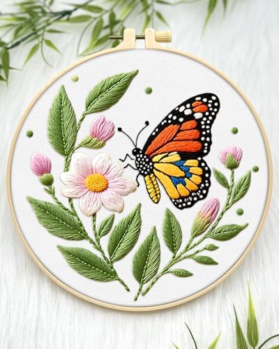 ERKOON Embroidery Kit for Beginners Adult, Flower Cross Stitch Set Include Embroidery Cloth Hoops Threads for Craft Lover Hand Stitch with Embroidery Skill Techniques (Butterfly) - Image 3
