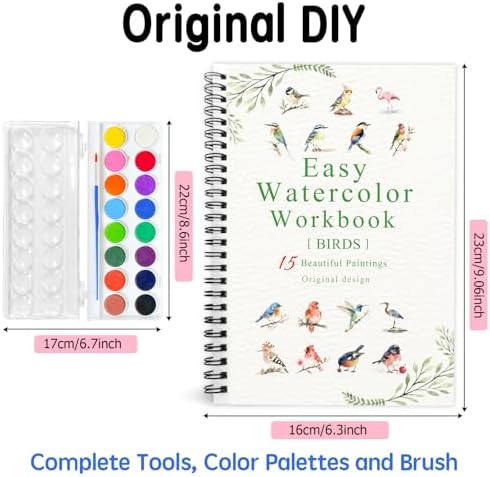 SLWBZ Watercolor Workbook Birds, 15 Different Patterns of Original DIY Designs, 16 Color Watercolor Paint Plates with Palette and Brush, Beginner-Friendly Watercolor Workbooks, Birds - Image 2