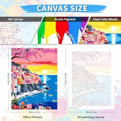 6 Pack DIY Paint by Number Kit for Adults - Mediterranean Coastal Scenery Oil Painting Set, 12x16 Inch Canvas (No Frame), 18 Vivid Acrylic Paints - Stress Relief Art Craft for Home Decor & Gifts - Image 2