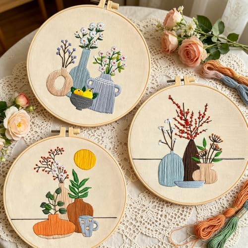 5 Pack Bohemian Beginner Embroidery Set, Floral Vase Design, Complete Threads & Tools with Guide, DIY Home Decoration & Gift - Image 3