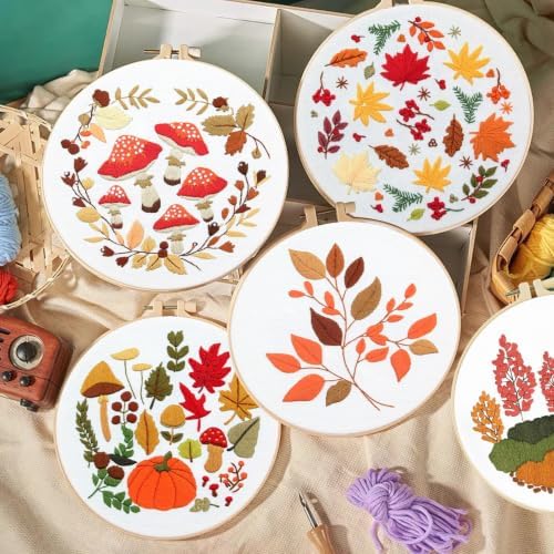 5 Sets Fall Embroidery Kit for Beginners Adults Embroidery Starter Kit Mushroom Maple Leaf Autumn Cross Stitch Kits Embroiderys Needlepoint Kits Include Instruction 2 Hoops Color Threads Needles - Image 6