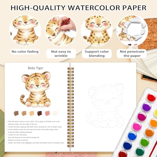 Wild Animals Watercolor Workbook, Water Coloring Book, 12 Patterns, 18 Colors Watercolor Paint Set, Easy Watercolor Kit for Beginners, Fun Family Art Activity, Gift for Adults Teen - Image 3