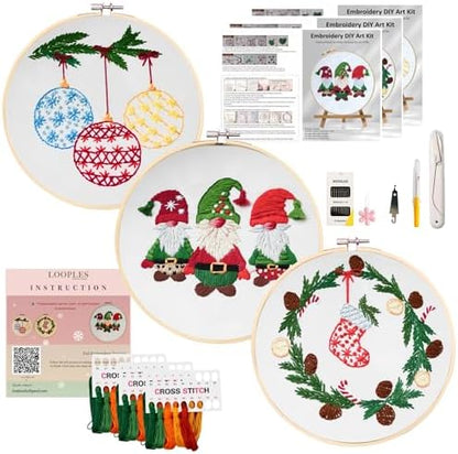 Looples Embroidery Kit for Beginners and Adults with Video Tutorials – DIY Starter Kit with 3 Stamped Floral Patterns, Hoops, Threads, Needles, and Instructions (Gnomes, Ornaments & Holiday Wreath) by Unknown