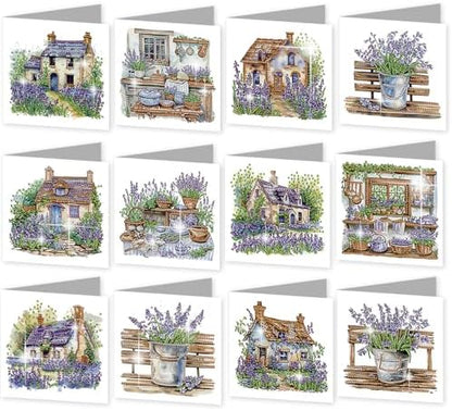 C'eitura 12Pcs Lavender Diamond Art Painting Greeting Card Kit with Envelopes, DIY Floral Christmas Birthday Thanksgiving Card Making Set, Calming Handmade Card Craft by C%27eitura