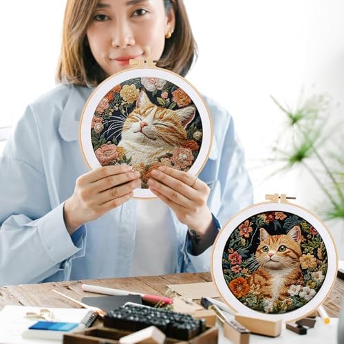 FONNUY 2 Set Embroidery Kit DIY for Adult Beginner, Pre-Stamped Patterns Mountain Sea Embroidery Kits with Hoop, Colored Threads and Needles, Easy to Follow Needlework (Cute Cats) - Image 6