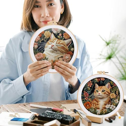 FONNUY 2 Set Embroidery Kit DIY for Adult Beginner, Pre-Stamped Patterns Mountain Sea Embroidery Kits with Hoop, Colored Threads and Needles, Easy to Follow Needlework (Cute Cats) - Image 6