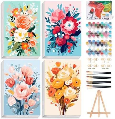 4 Pack Framed Paint by Numbers Kit for Adults with Wooden Easel, 8x12 Inch by Offito