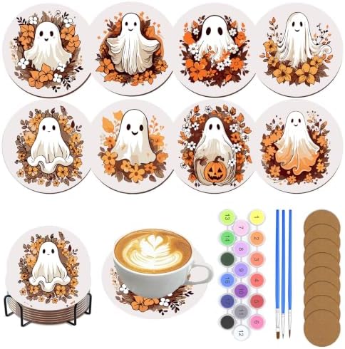 8 Pack Halloween Paint by Numbers Kits Coasters with Holder Cork Pads by Unknown