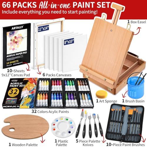 ARTALLY 66-Piece Acrylic Painting Kit with Desktop Easel,32 Colors Acrylic Paint Set(22ML), Paint Brush Set & Case, Brush Basin, Complete Art Supplies Painting Set for Adults, Artists, Beginners - Image 2