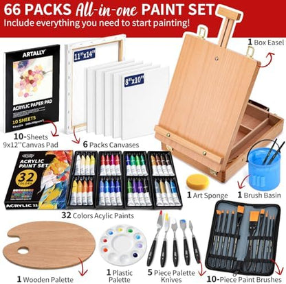 ARTALLY 66-Piece Acrylic Painting Kit with Desktop Easel,32 Colors Acrylic Paint Set(22ML), Paint Brush Set & Case, Brush Basin, Complete Art Supplies Painting Set for Adults, Artists, Beginners - Image 2