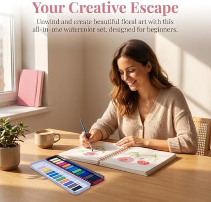 Flower Watercolour Workbook Kit for Beginners, 10.5"x7.5" Oversized Art Set with 12Paints, 14 Pre-Outlined Floral Designs & Step-by-Step Guide for Adults & Teens - Image 5