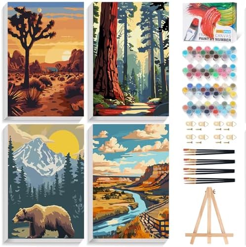 4 Pack Framed Paint by Numbers Kit for Adults Beginner with Wooden Easel, National Park Easy Adult Paint by Number Kits with Frame, DIY Number Painting for Adults Canvas for Home Decor Gift 8x12 Inch by Unknown