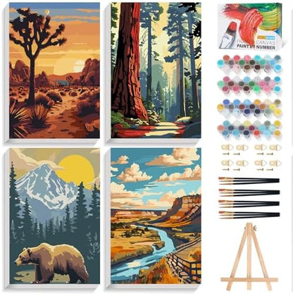 4 Pack Framed Paint by Numbers Kit for Adults Beginner with Wooden Easel, National Park Easy Adult Paint by Number Kits with Frame, DIY Number Painting for Adults Canvas for Home Decor Gift 8x12 Inch by Unknown