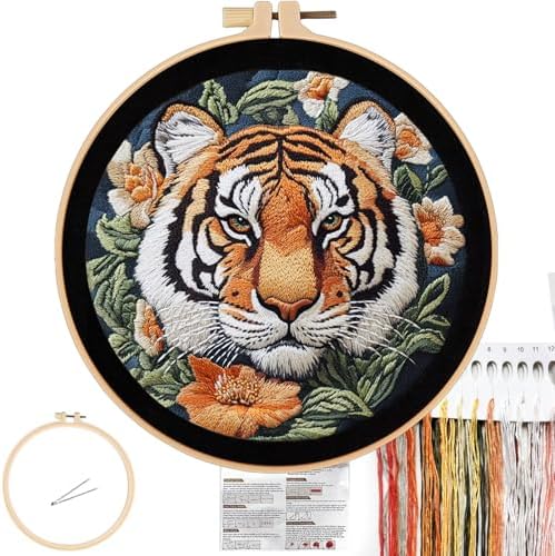 FONNUY Tiger Floral Embroidery Kit, Cross Stitch Kits for Beginners, Handmade Crafts with Printed Patterns for Beginner Adults, Easy to Follow Color Thread Needlework, 8'' Hoop by FONNUY