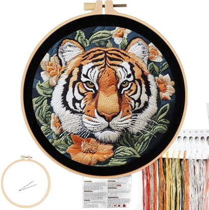 FONNUY Tiger Floral Embroidery Kit, Cross Stitch Kits for Beginners, Handmade Crafts with Printed Patterns for Beginner Adults, Easy to Follow Color Thread Needlework, 8'' Hoop by FONNUY