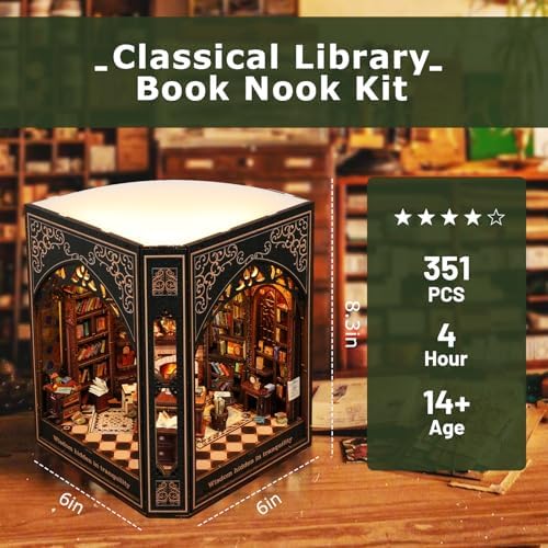 Book Nook Kit – 3D Wooden Puzzle Miniature Dollhouse, DIY Craft for Teens and Adults, Vintage Design with LED Lights and Touch Switch（Classical Library） - Image 3