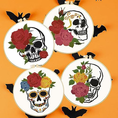 BEUNITONE 4 PCS Skull Embroidery Kit Flower Cross Stitch Kit for Beginners Adults Brain Embroidery Starter Kit Bone Needlepoint Kit for Beginners Inner DIY Embroidery kit with Instructions Home Decor - Image 6