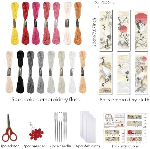 FREEBLOSS 6 Set Cross Stitch Bookmark Kit 11 CT Complete Stamped Cross Stitch Kit DIY Embroidery Bookmark Kits for Adult Beginners with Instructions, Crane Pattern, 6 x 20 cm/8" x 2.4" - Image 2
