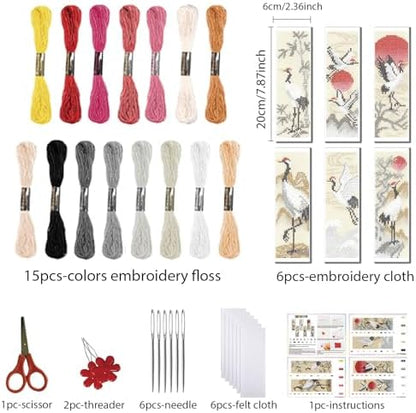 FREEBLOSS 6 Set Cross Stitch Bookmark Kit 11 CT Complete Stamped Cross Stitch Kit DIY Embroidery Bookmark Kits for Adult Beginners with Instructions, Crane Pattern, 6 x 20 cm/8" x 2.4" - Image 2