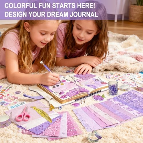 Diy Junk Journal Kit, Scrapbook Supplies Kit Includes B6 Diary with Lock and Key Flower Stickers Tape Roller, Stationary Diary Supplies Birthday Craft Gifts for Scrapbookers, Purple - Image 5