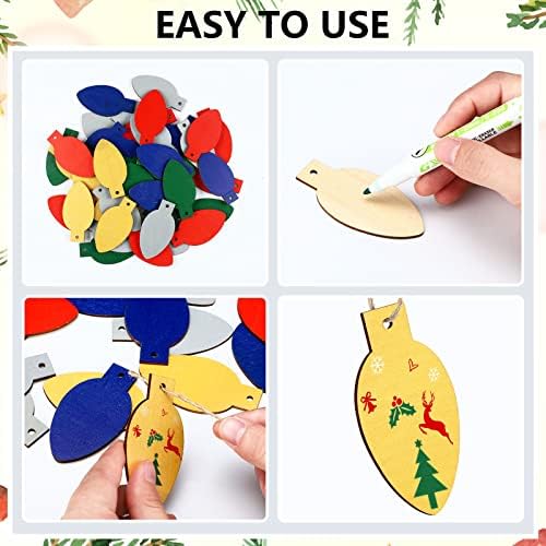 Queekay 50 Pcs Unfinished Wood Christmas Light Bulb Ornaments, Multi Colors - Image 4