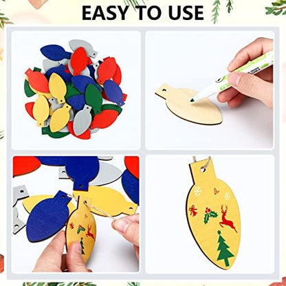 Queekay 50 Pcs Unfinished Wood Christmas Light Bulb Ornaments, Multi Colors - Image 4