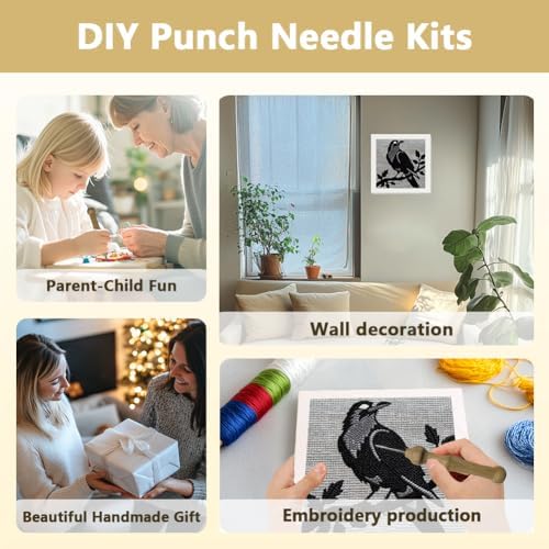 Doodlream Dark Crow on Branch Needle Kit for Beginner, 9.4"x 9.4" Mystic Black Bird Punch Stitching Craft Set, DIY Embroidery Starter with Printed Frame, Instruction, Threader, Yarn, Pinch Needle - Image 4