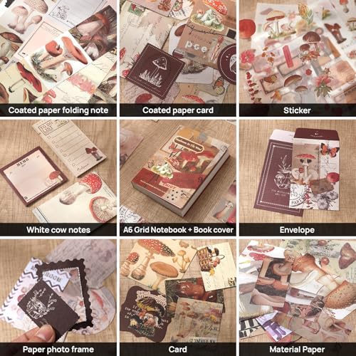 Scrapbook Photo Album Supplies Kit with Tweezers and Glue Tape – Vintage Aesthetic Junk Journaling Set, Scrapbooking Paper, Sticker Pack, Notebook, Stationery Kit, Gift for Adults Teens (Mushroom) - Image 5