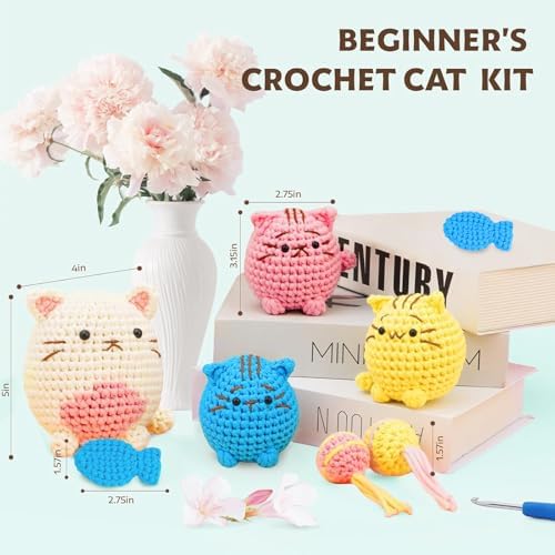 Crochet Kit for Beginners - Learn to Crochet 4 Adorable Cat Amigurumi with Step-by-Step Video Tutorial and Easy Peasy Yarn, Complete Starter Kit for Adults Kids, DIY Craft Gift for Birthday Christmas - Image 2