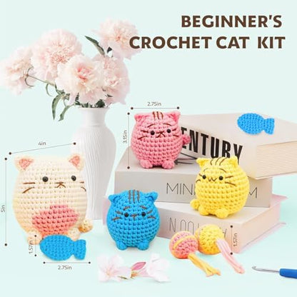 Crochet Kit for Beginners - Learn to Crochet 4 Adorable Cat Amigurumi with Step-by-Step Video Tutorial and Easy Peasy Yarn, Complete Starter Kit for Adults Kids, DIY Craft Gift for Birthday Christmas - Image 2