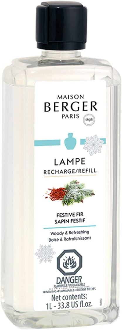 Maison Berger Festive Fir Lampe Berger Refill, 1 Liter (33.8 fl oz), 2-in-1 Catalytic System, Neutralizes Odors and Diffuses Fragrance, Pine Needles, Green Notes, Clean Notes, Pine, Made in France