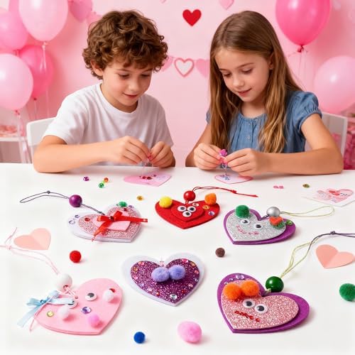 JOYIN Valentines Day 264 Pcs DIY Heart Felt Craft Set, Felt & Glitter Hearts & Wooden Beads & Plastic Eyes & Colorful Paper Ropes for Valentine's Day Kids Craft Party Classroom Ornaments Decorations - Image 7