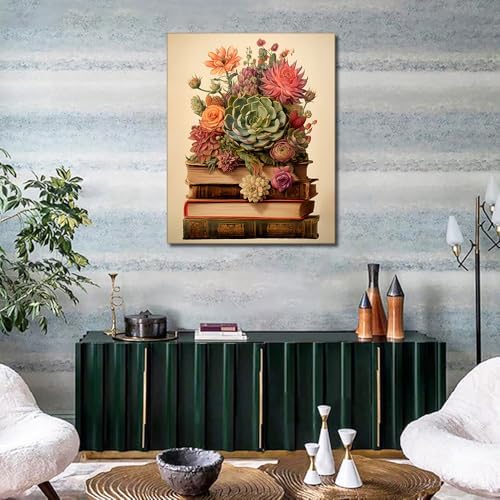 TUMOVO A Succulent on a Book- Paint by Numbers for Adults Beginner, Vintage Plant Adult Paint by Number Kits, Abstract Canvas Painting Kits for Men Women,Home Library Wall Decor 16x20in Frameless - Image 2