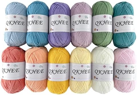Yarn for Crocheting and Knitting 12 * 1.76 Oz (50G) /195yd, Fine/Fingering Weight (1), 60% Cotton 40% Acrylic Soft Yarn kit for Making Granny Squares and amigurumi (Spring) by QKHEE