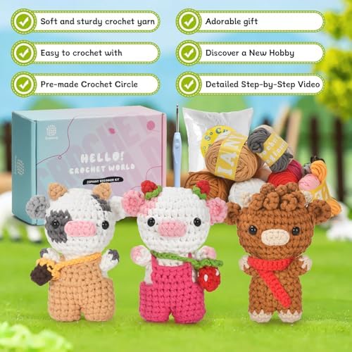 Zepiany Crochet Kit for Beginners 3 PCS Amigurumi Animal Cows Starter Kit Step-by-Step Video Tutorials DIY Craft Gifts for Adults Knitting Lovers Mother Teacher Graduates with 40% Extra Yarn - Image 5