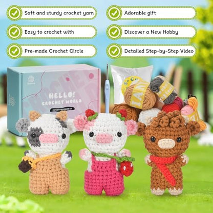 Zepiany Crochet Kit for Beginners 3 PCS Amigurumi Animal Cows Starter Kit Step-by-Step Video Tutorials DIY Craft Gifts for Adults Knitting Lovers Mother Teacher Graduates with 40% Extra Yarn - Image 5